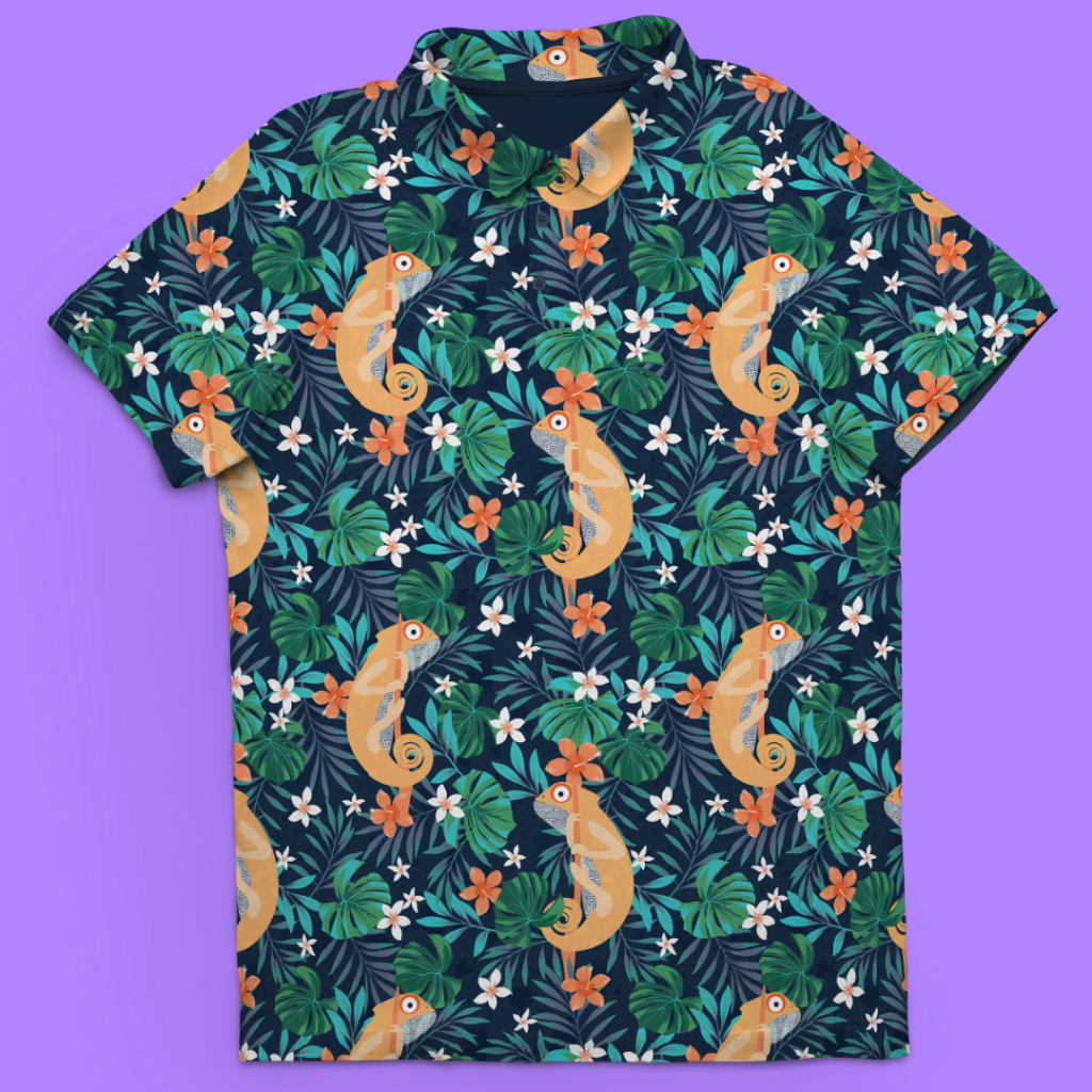 Chamulligan | Chameleon Hawaiian Floral Golf Polo for Men by Lofty Llama